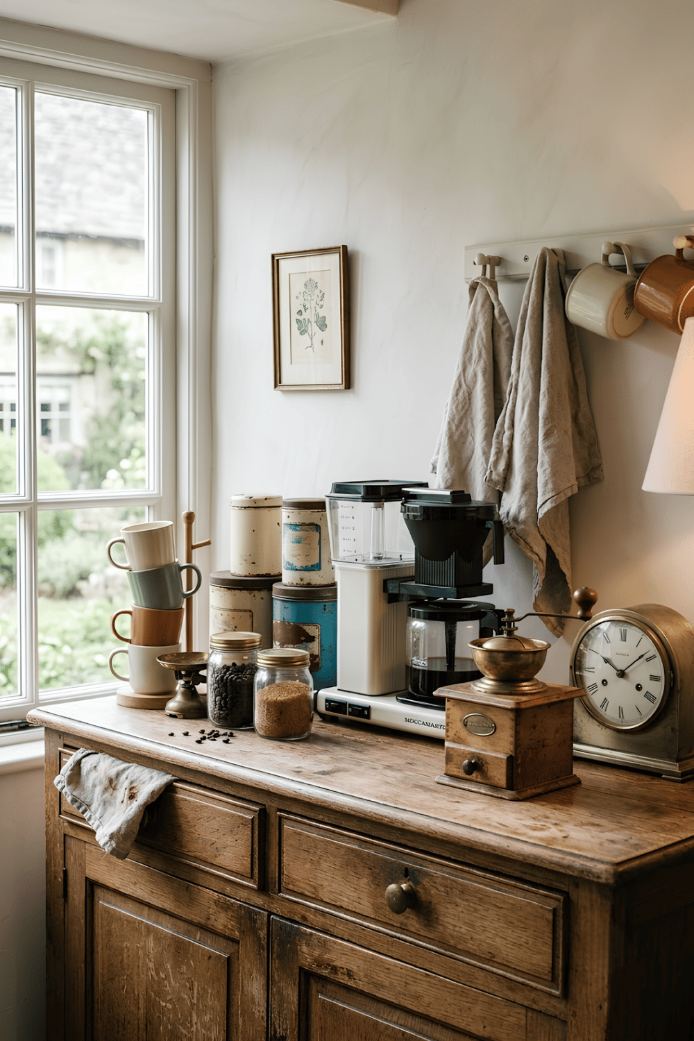 Vintage coffee setup with an antique coffee grinder, retro mugs, coffee tins, glass jars, and distressed wood furniture.
