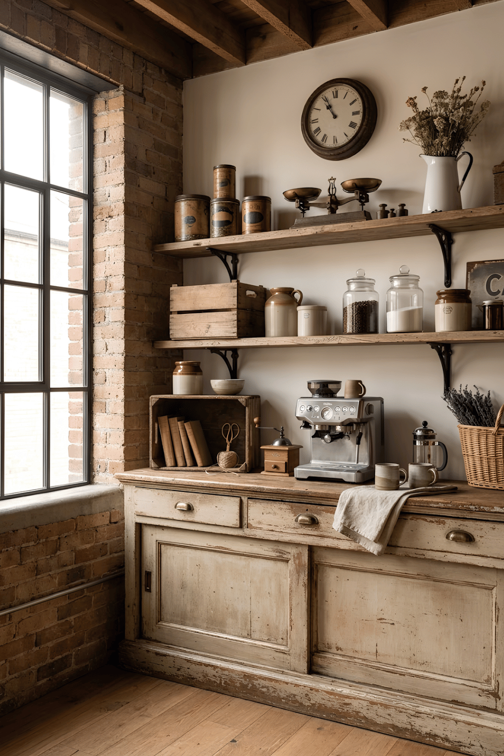 Vintage market coffee corner with antique coffee tins, glass apothecary jars, distressed wood furniture, and rustic coffee station.