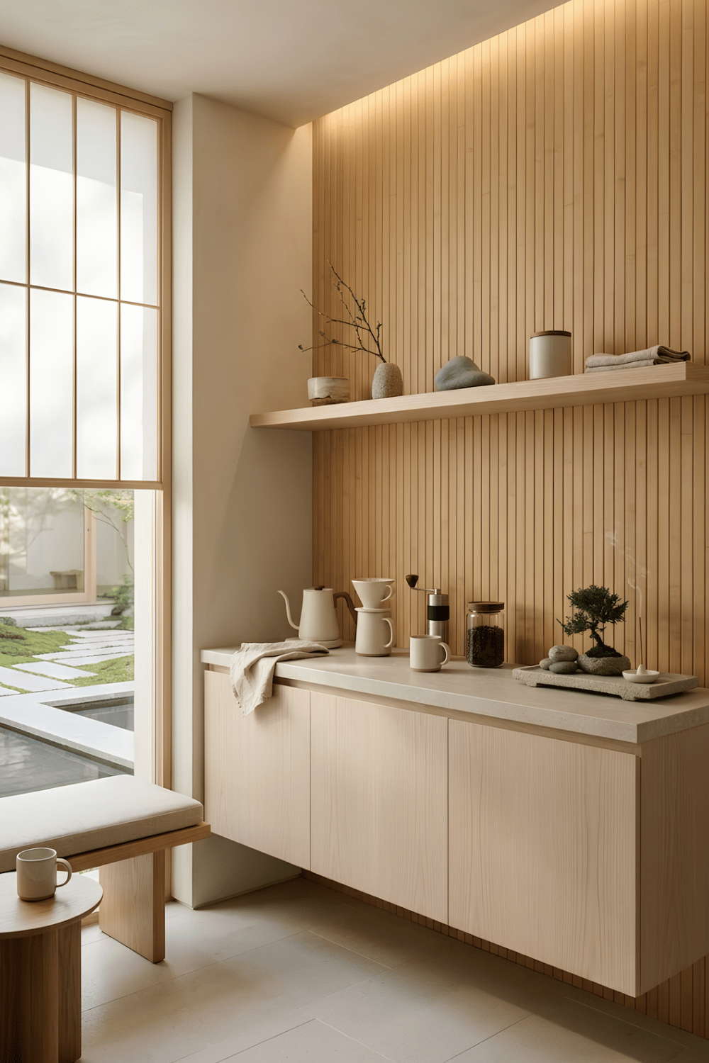 Minimalist Zen coffee corner with natural wood shelves, ceramic accessories, bamboo accents, and soft ambient lighting.