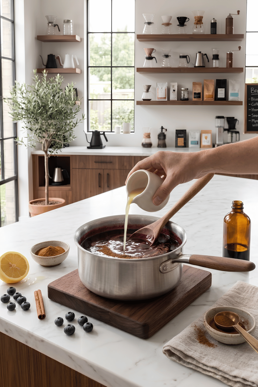 Vanilla extract, lemon juice, and ground cinnamon being stirred into warm blueberry syrup in a saucepan.