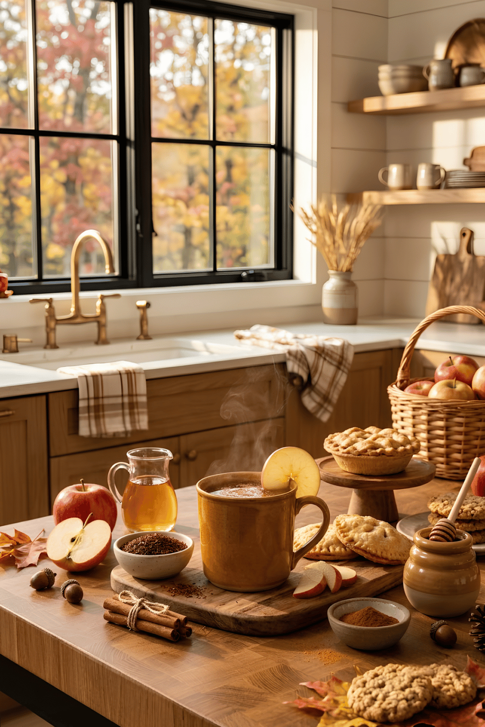 Warm apple pie rooibos tea for kids served in a ceramic mug with apple slices, cinnamon sticks, rooibos tea, and cozy autumn décor.