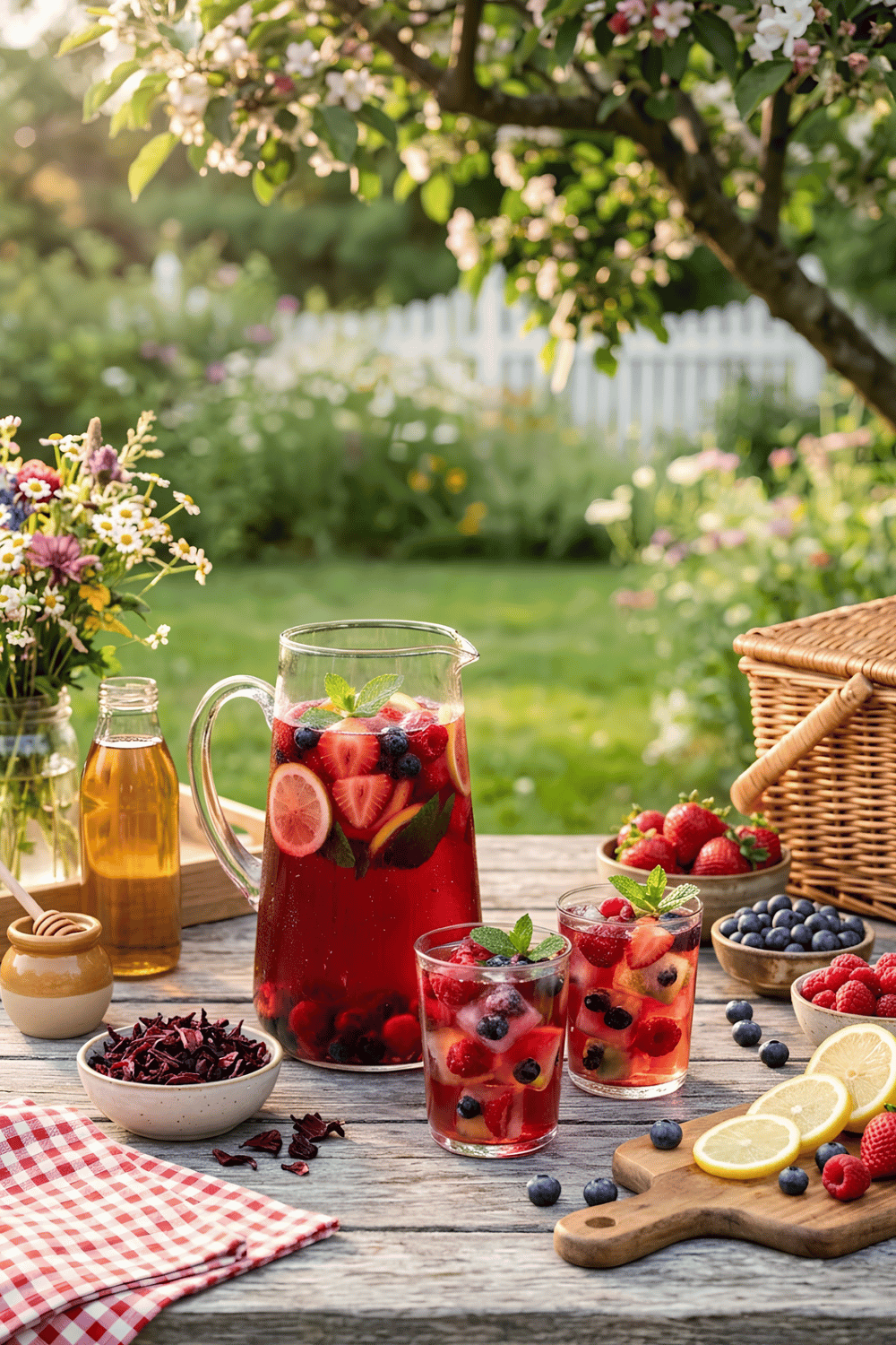 Bright berry hibiscus iced tea for kids served in a clear glass with strawberries, blueberries, raspberries, berry ice cubes, and fresh mint.
