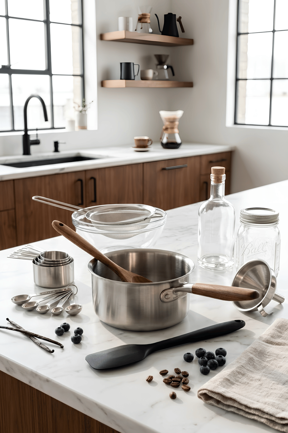 Medium saucepan, wooden spoon, fine mesh strainer, measuring cups, mason jar, and funnel arranged for making homemade blueberry coffee syrup.
