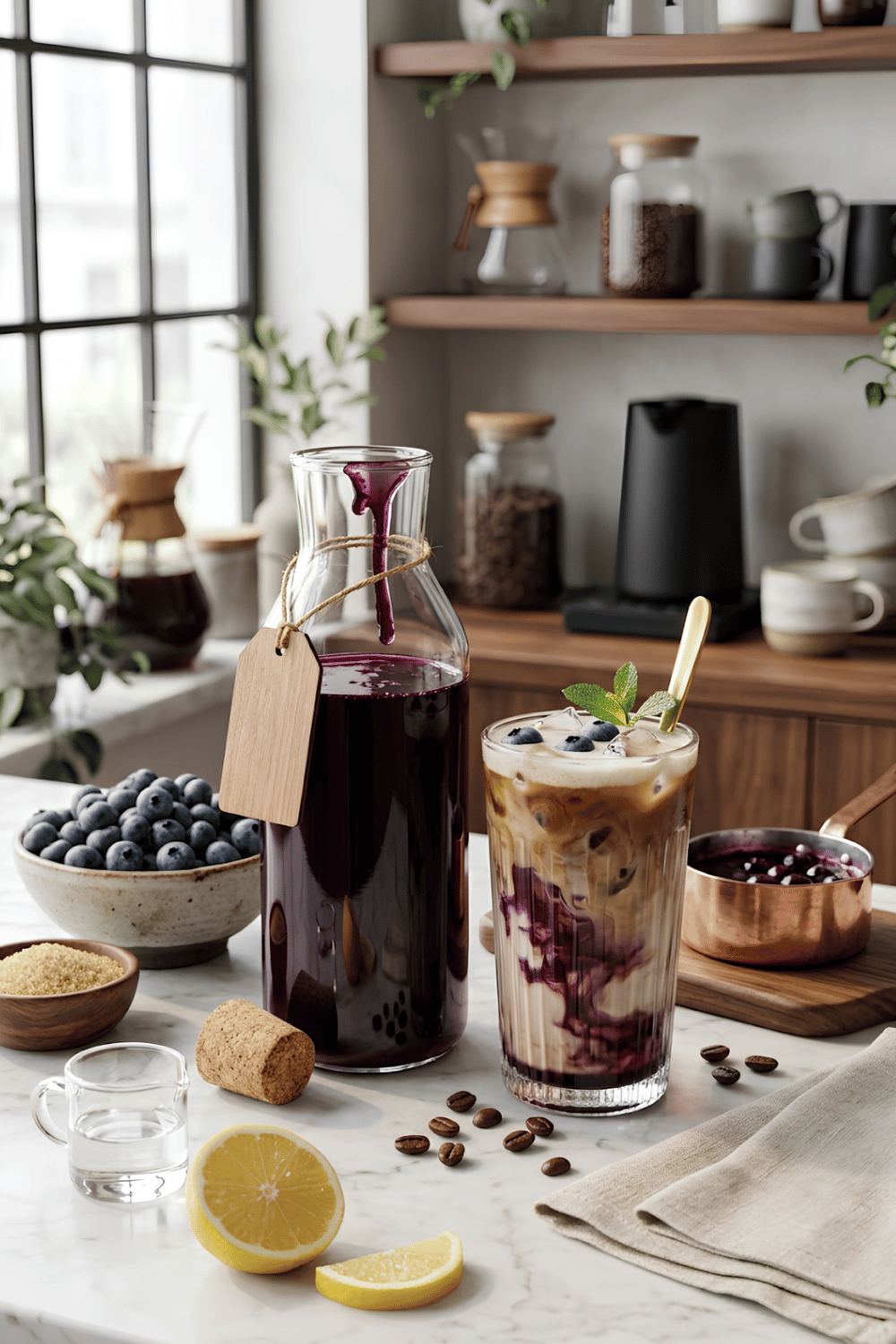 Homemade blueberry coffee syrup in a glass bottle with fresh blueberries beside an iced latte and espresso on a marble countertop.
