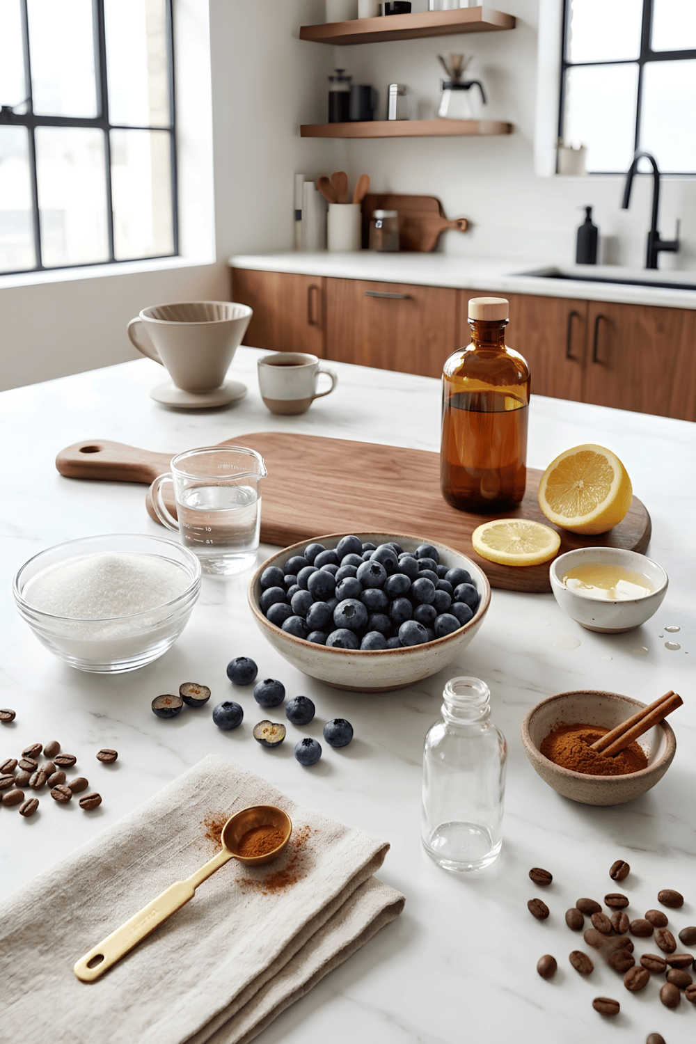 Fresh blueberries, sugar, vanilla extract, lemon juice, cinnamon, and water arranged beside a saucepan for homemade blueberry coffee syrup.