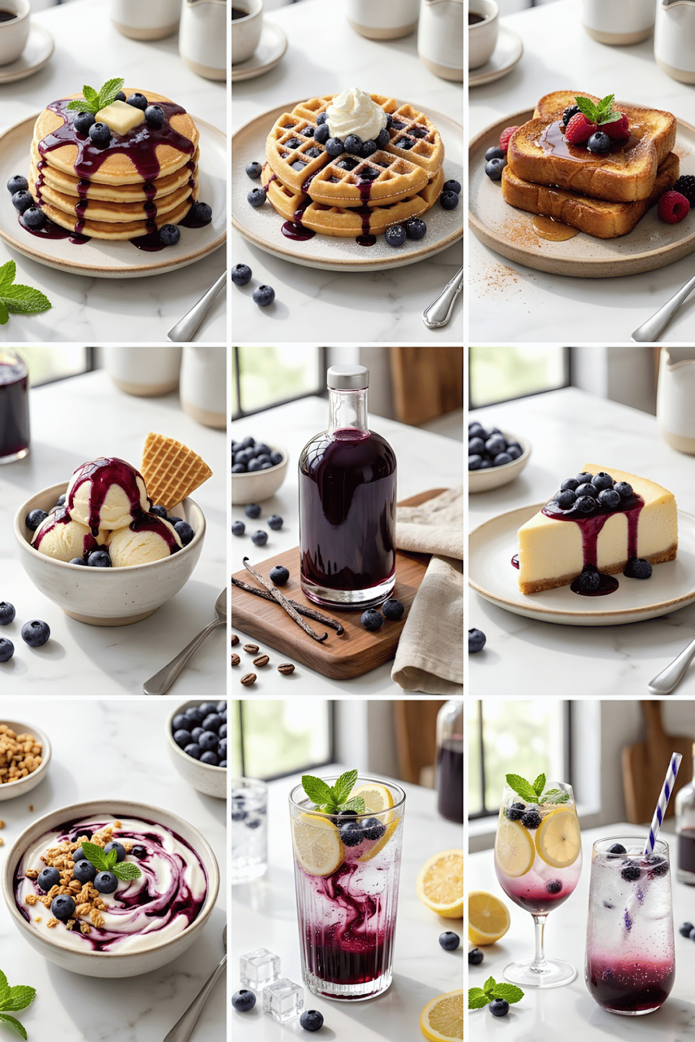 Homemade blueberry coffee syrup drizzled over pancakes, waffles, cheesecake, yogurt, vanilla ice cream, and served with Italian soda and lemonade.