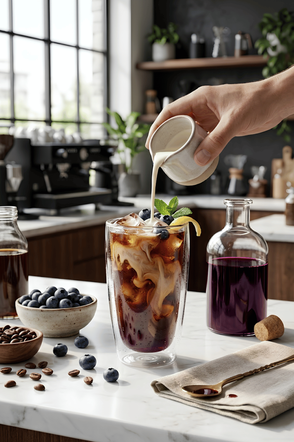 Blueberry cold brew coffee made with homemade blueberry syrup, served over ice with cream, fresh blueberries, and coffee beans.