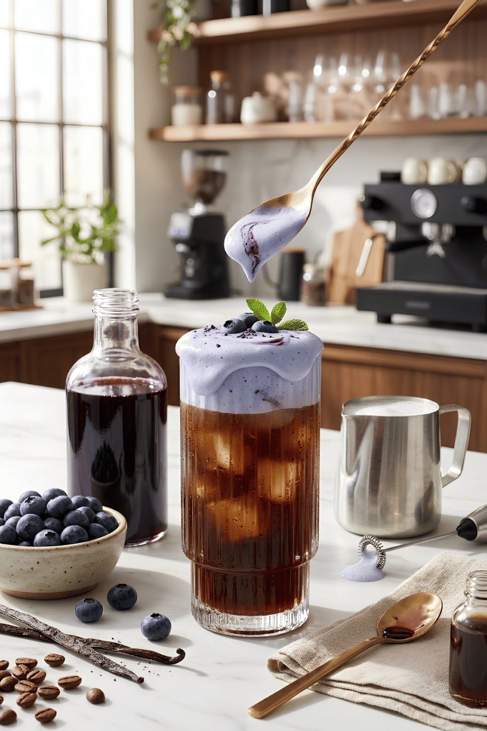 Iced coffee topped with creamy blueberry cold foam, homemade blueberry syrup, and fresh blueberries in a clear glass.