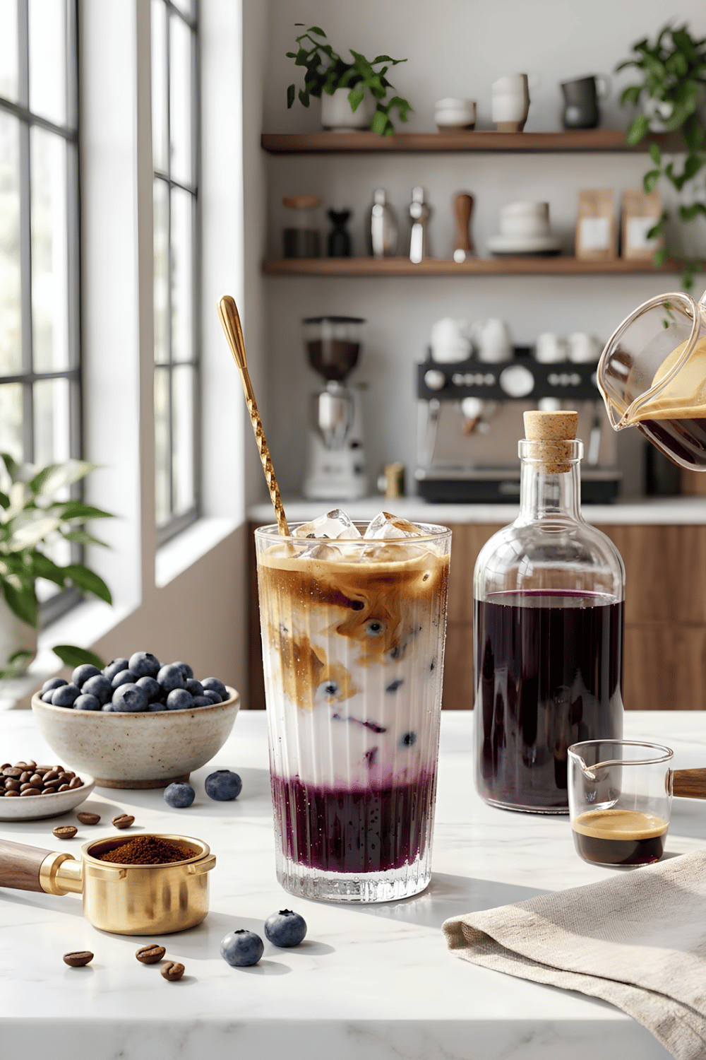 Refreshing blueberry iced latte with homemade blueberry coffee syrup, espresso, milk, ice cubes, and fresh blueberries in a tall glass.
