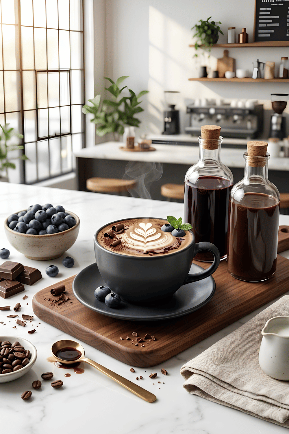 Rich blueberry mocha topped with chocolate drizzle, whipped cream, fresh blueberries, and chocolate shavings in a café-style mug.