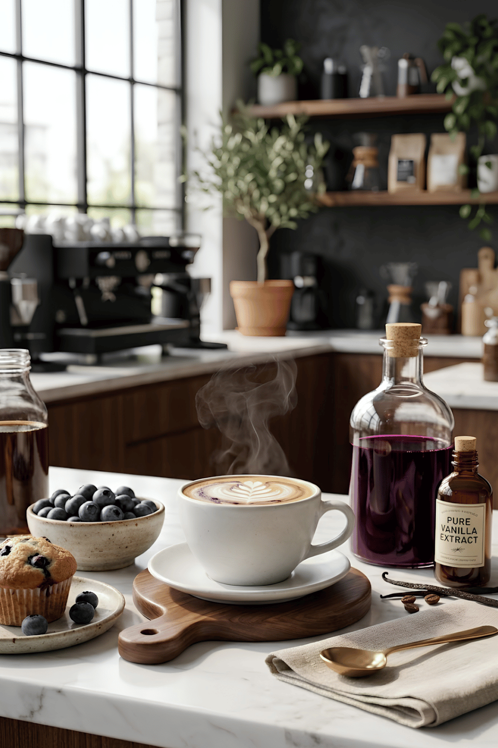 Creamy blueberry vanilla latte with espresso, steamed milk, homemade blueberry syrup, and vanilla, topped with latte art and fresh blueberries.