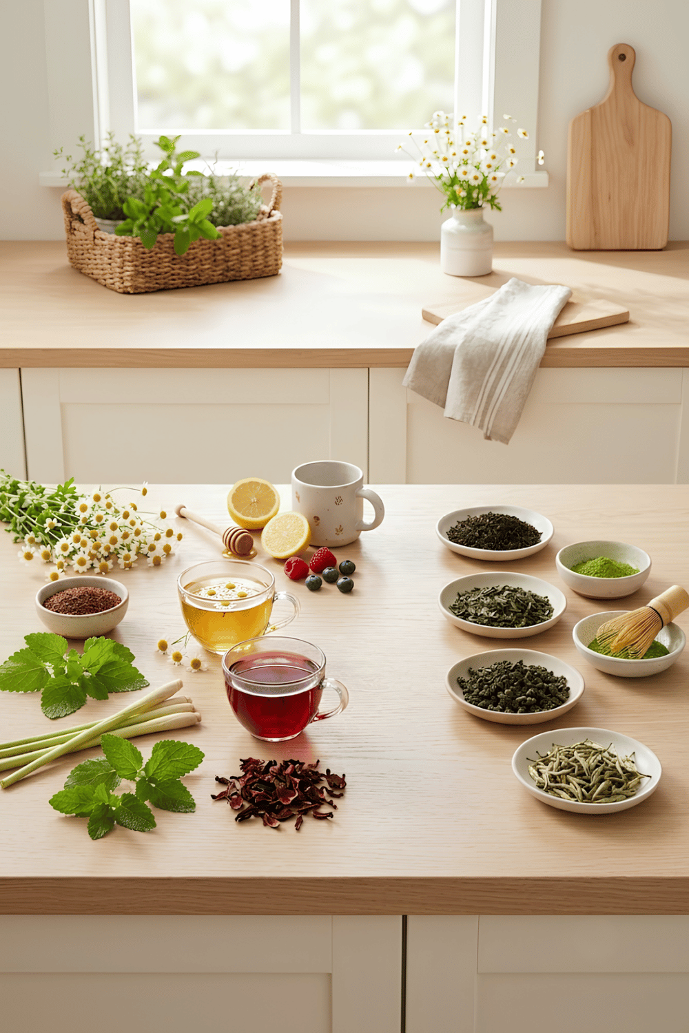 Flat lay of caffeine-free herbal teas for kids including chamomile, rooibos, lemon balm, mint, lemongrass, and hibiscus with fresh herbs and fruit.