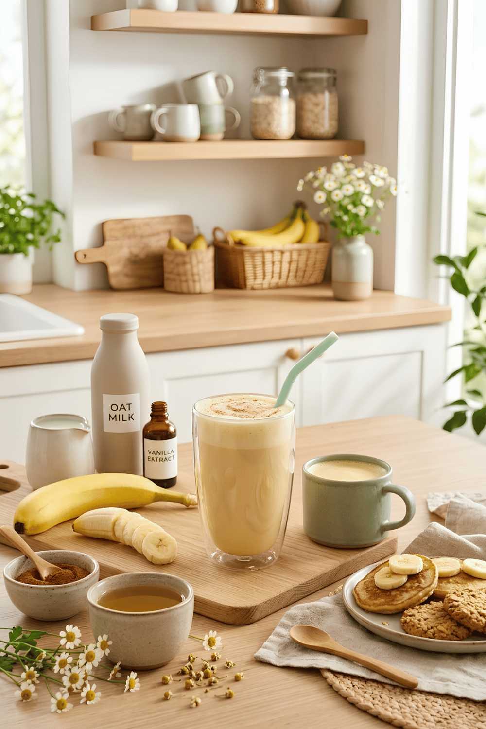 Creamy banana tea latte for kids served in a clear mug with banana slices, chamomile flowers, cinnamon, and a reusable straw.