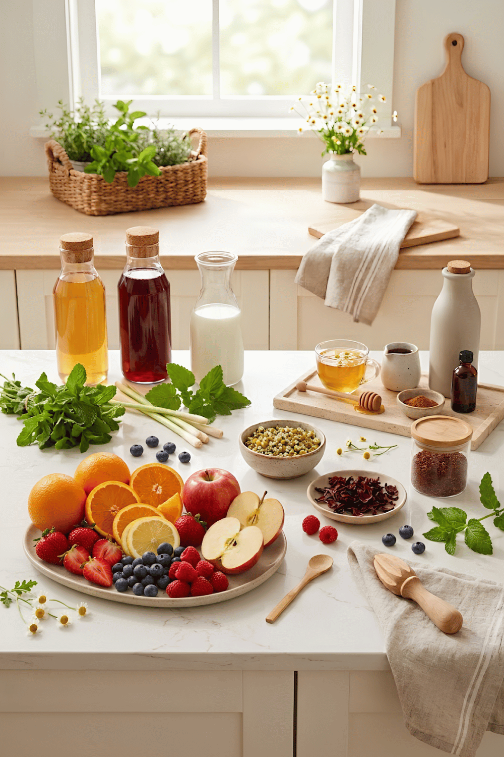 Fresh fruits, herbs, berries, chamomile, rooibos, milk, cinnamon, and natural sweeteners arranged for homemade tea recipes for kids.