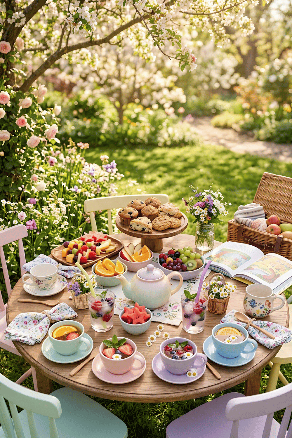 Cheerful children's tea party with colorful teacups, fruit-filled ice cubes, reusable straws, homemade muffins, fresh flowers, and storybooks.
