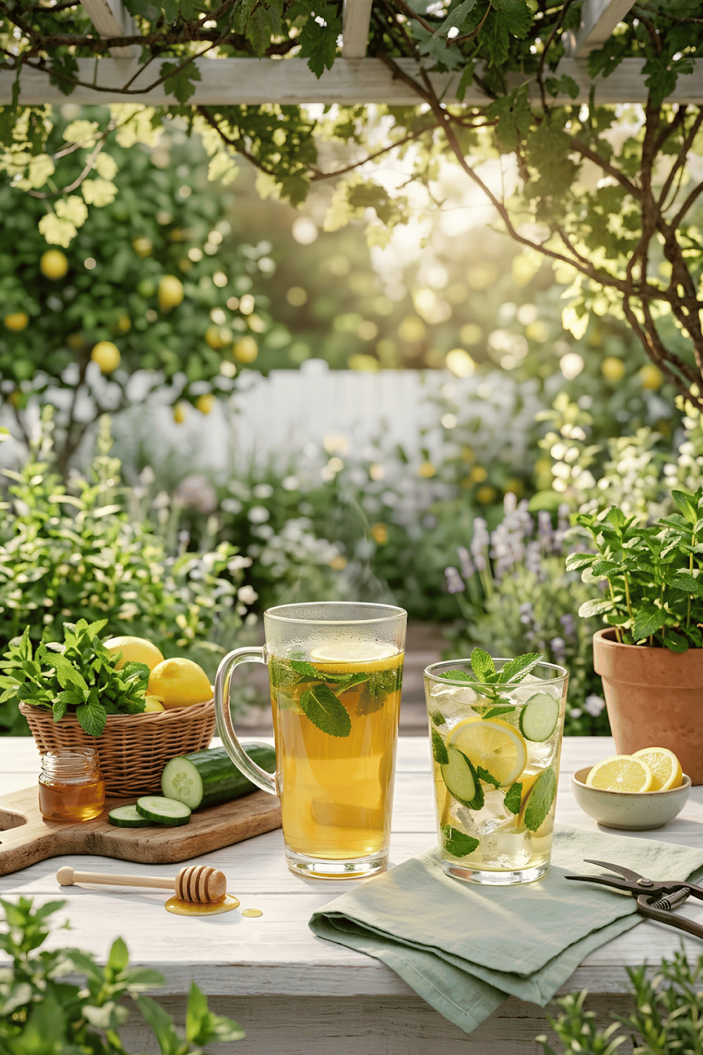 Refreshing minty lemon tea for kids served in a clear glass mug with fresh mint leaves, lemon slices, and optional cucumber slices.