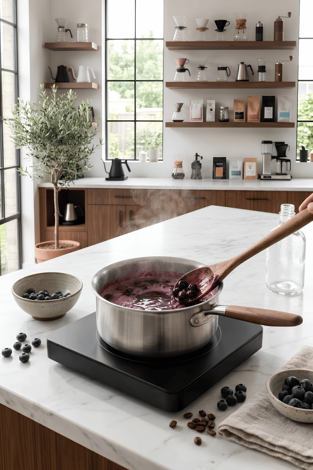 Blueberries gently simmering in a saucepan as they are lightly mashed with a wooden spoon, creating a rich deep-purple coffee syrup.