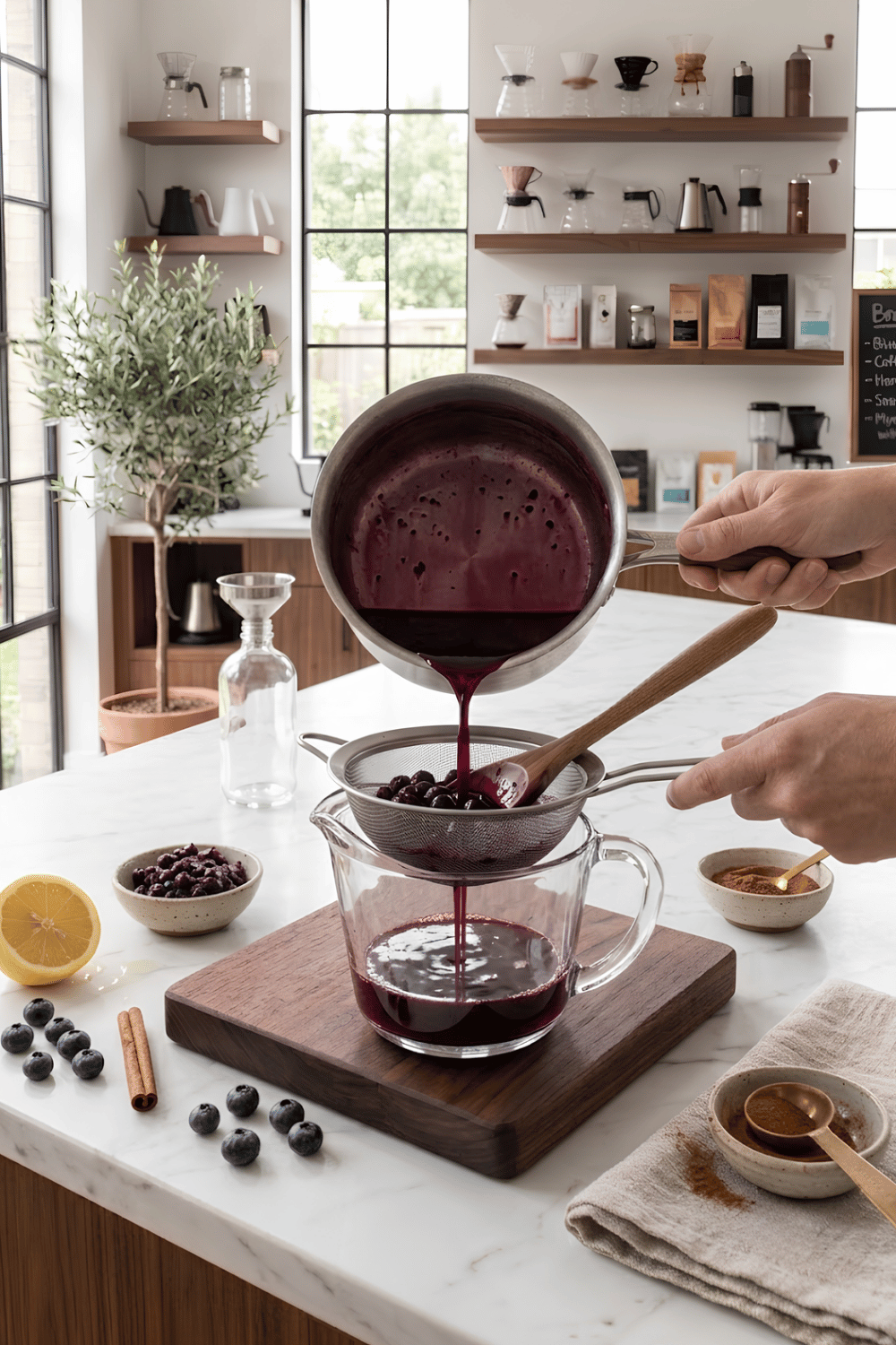 Homemade blueberry coffee syrup being poured through a fine mesh strainer into a glass measuring cup while the berries are pressed with a spoon.