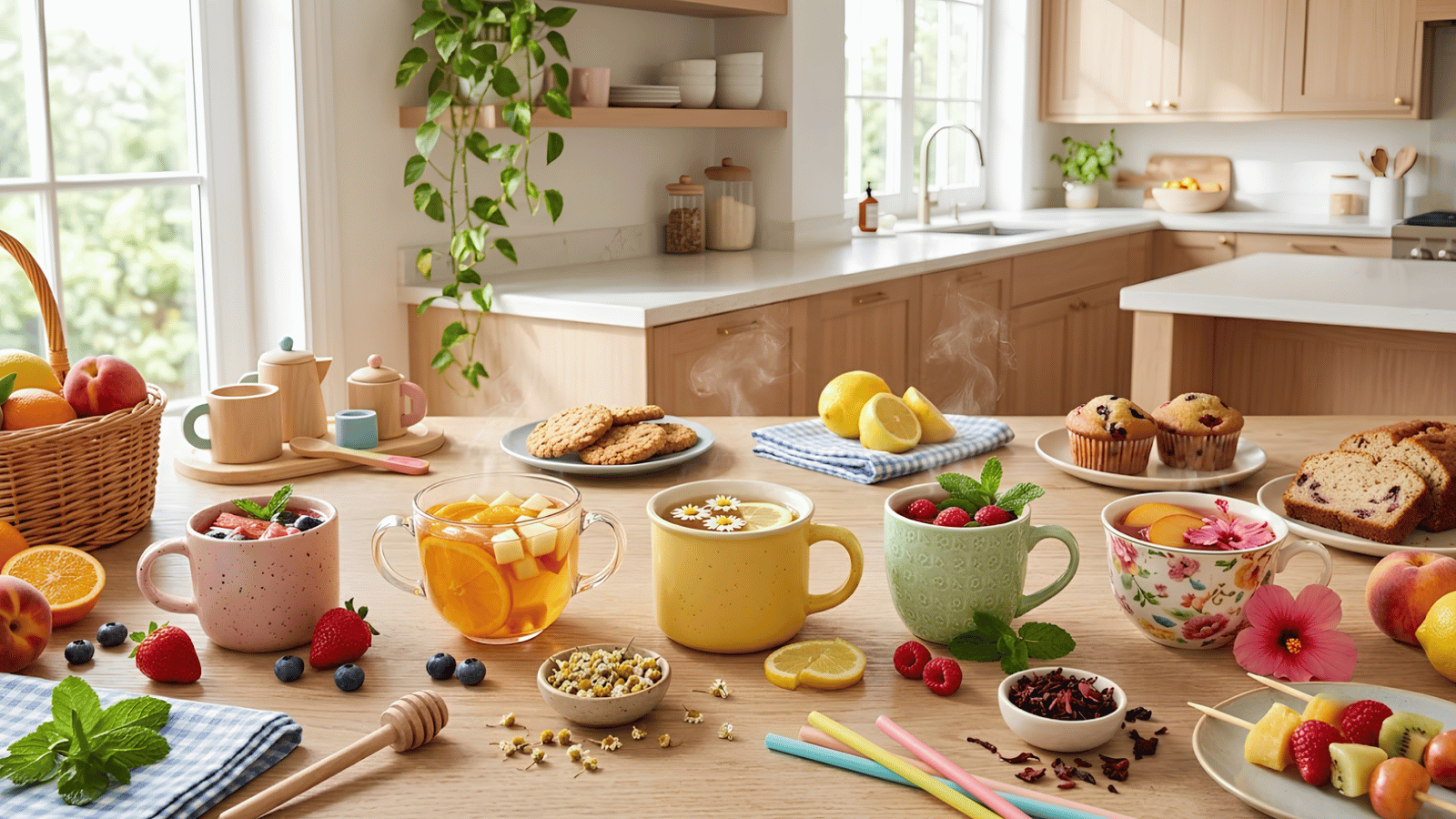 Five colorful caffeine-free teas for kids served in cheerful mugs with fresh fruit, berries, herbs, and honey on a bright family tea table.