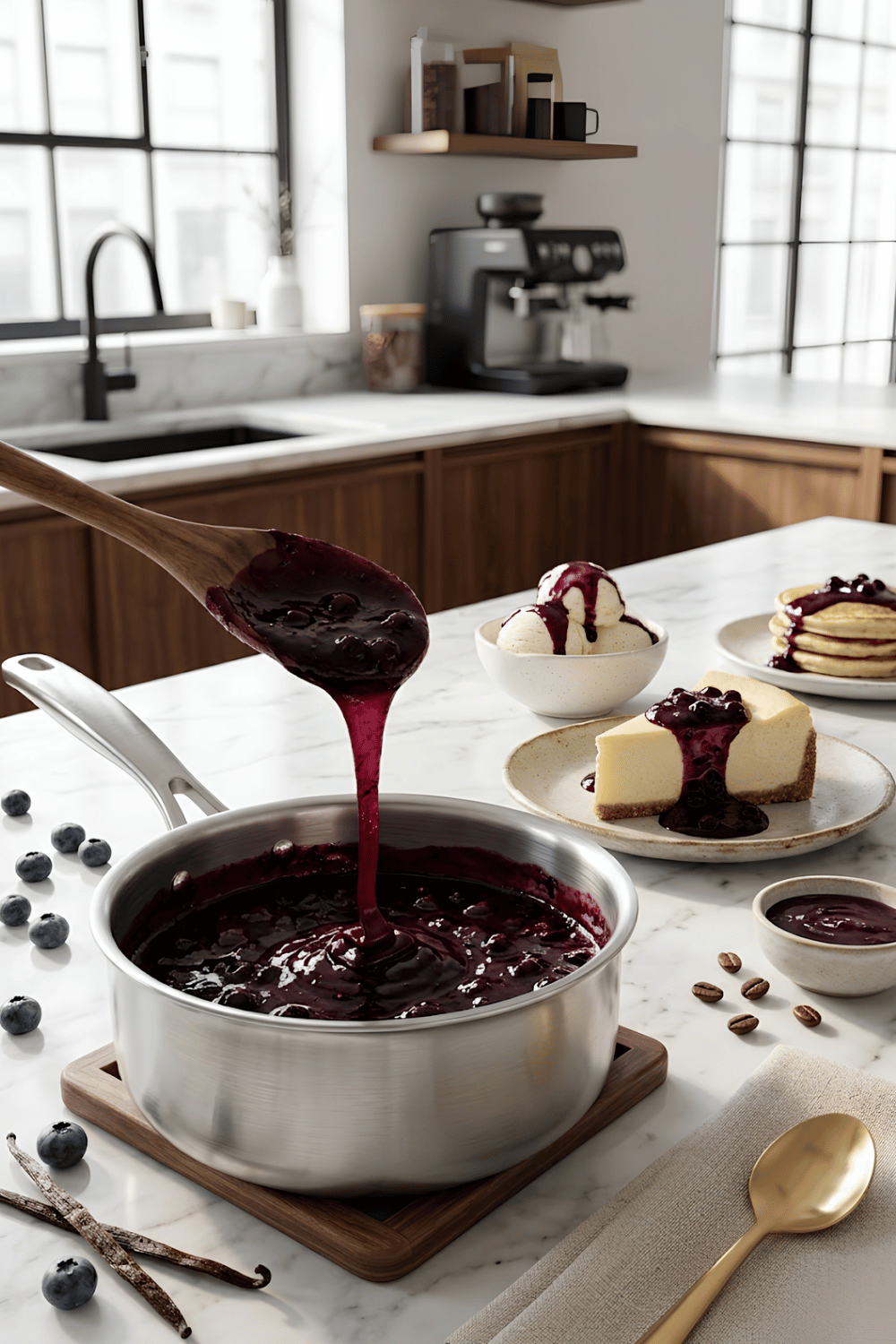 Thick homemade blueberry sauce drizzled over cheesecake, pancakes, vanilla ice cream, and fresh berries in a rustic dessert setting.