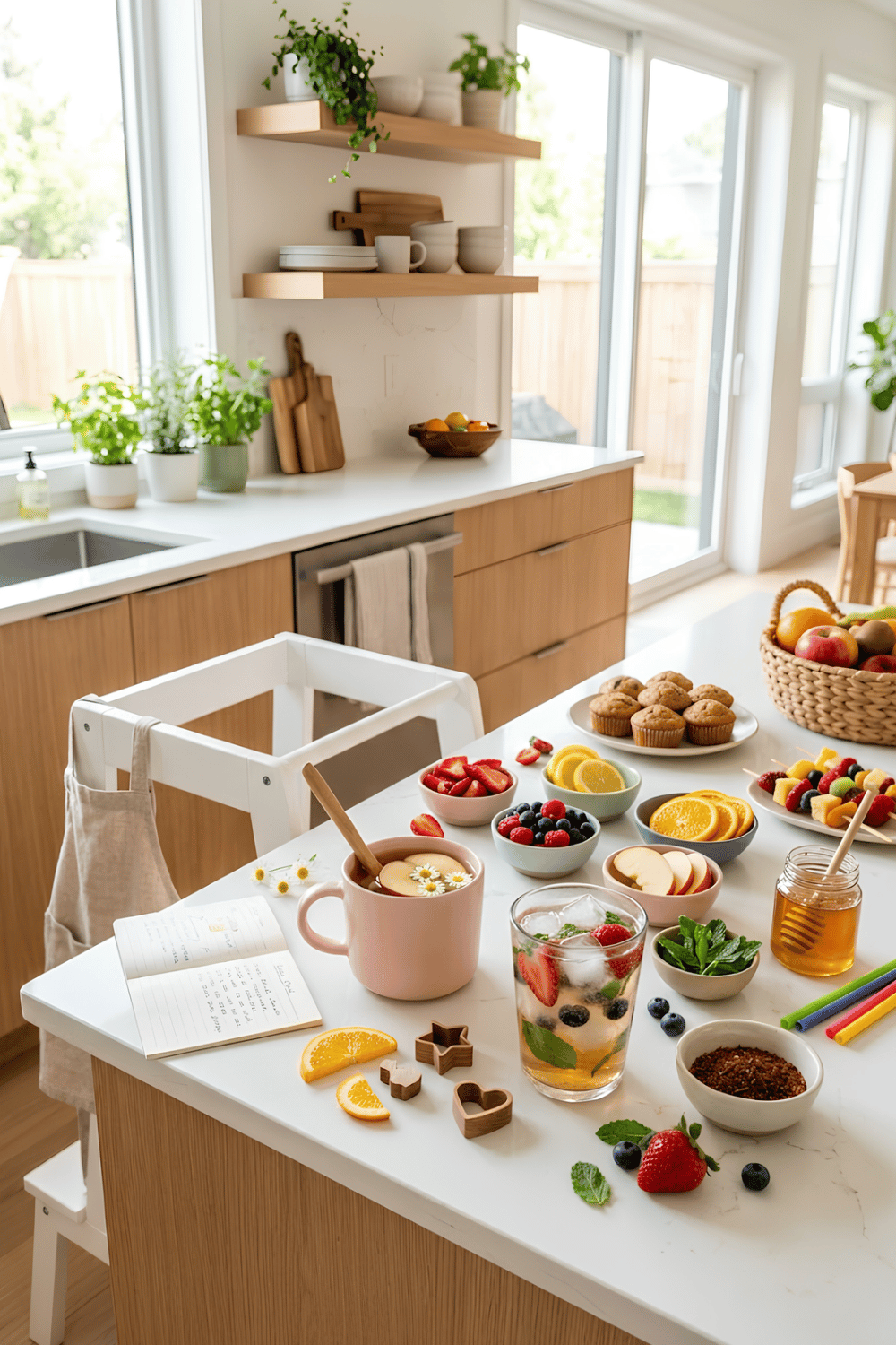 Parent and child preparing colorful caffeine-free herbal tea together with fresh fruit, rooibos tea, reusable straws, and fun garnishes.