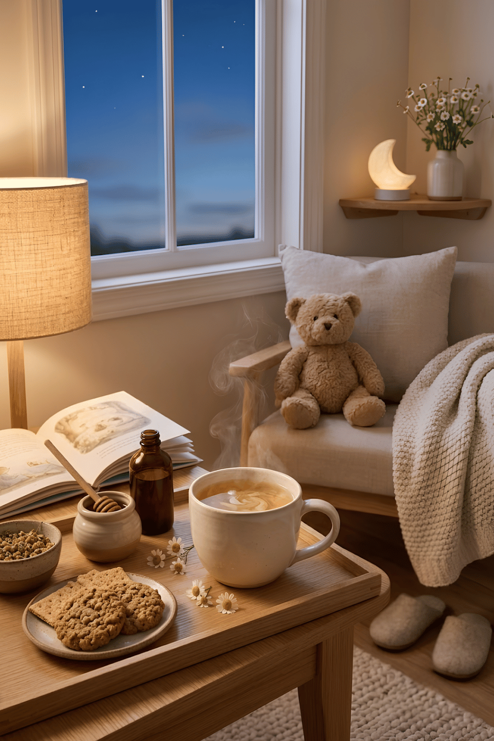 Warm vanilla chamomile tea for kids served in a cozy ceramic mug with dried chamomile flowers, vanilla, graham crackers, and a soft bedtime setting.
